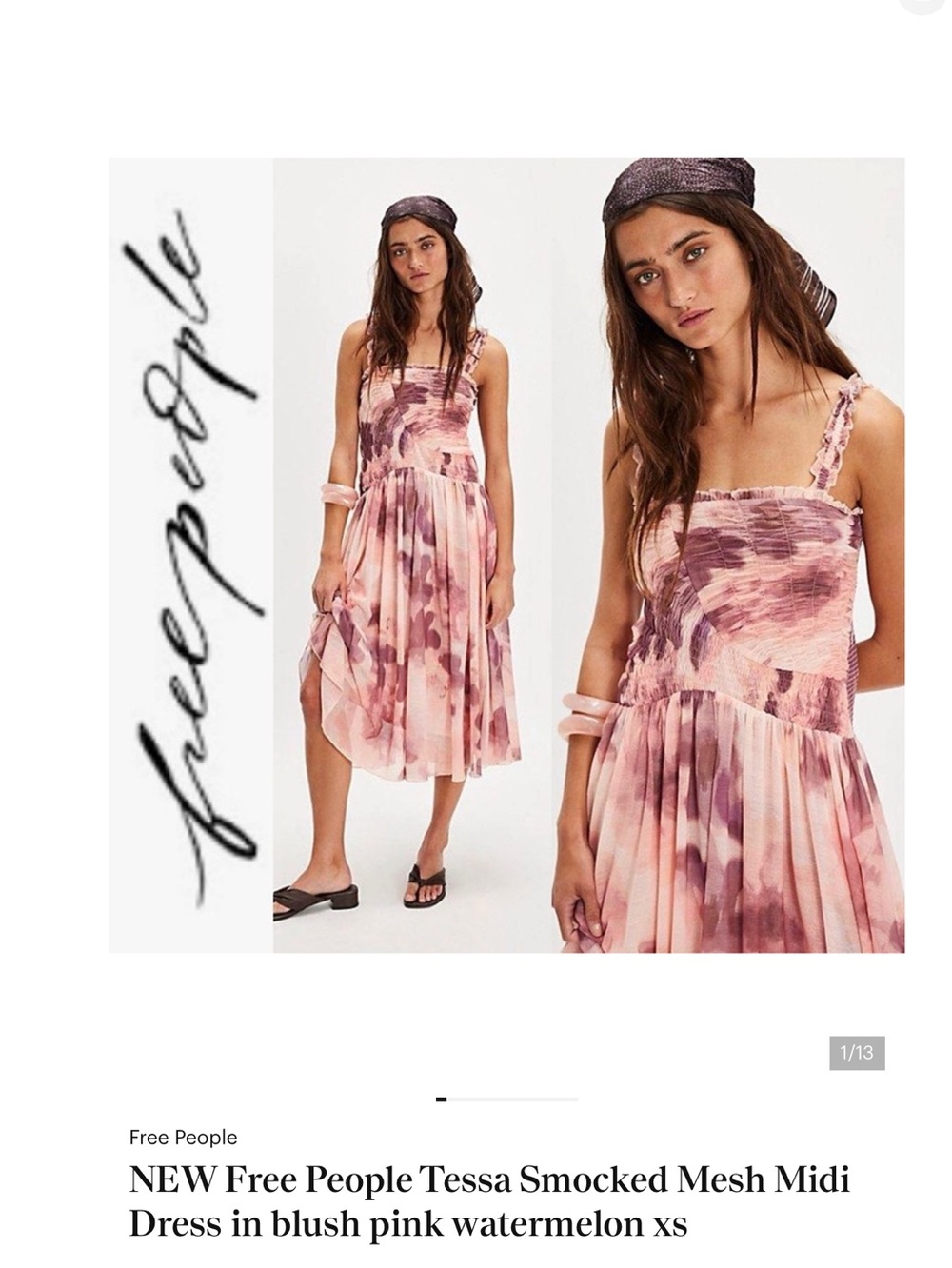 New Free People Tessa Smocked mesh midi dress
